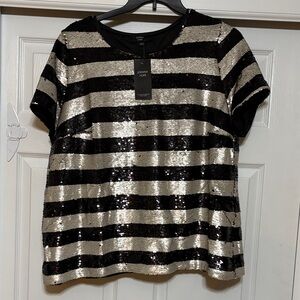 Black and Rose Gold Sequin Striped Short Sleeve Top